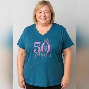50 & Fabulous V-Neck T-Shirt Womens 3XL Teal Great Bella + Canvas
